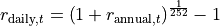 r_{\text{daily}, t} = \left( 1 + r_{\text{annual}, t}\right)^{\frac{1}{252}} - 1